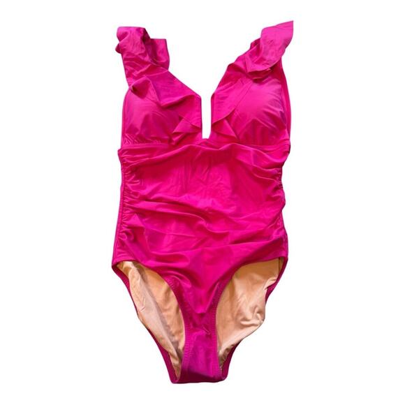 NEW J. Crew Women’s Size 4 Ruched Ruffle One-Piece Swimsuit Radiant Fuchsia NWT - Picture 2 of 4